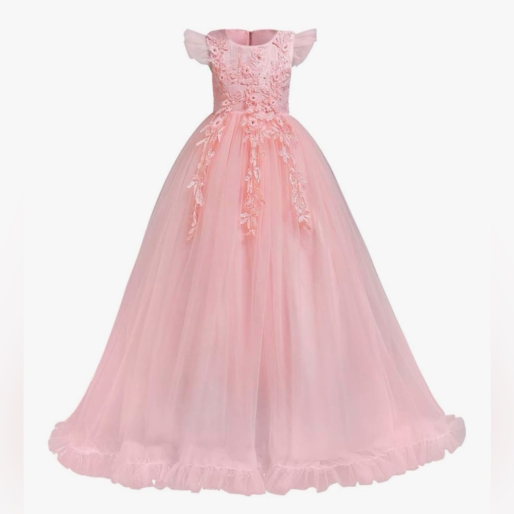 Girls Flower Embroidery Lace Tulle Maxi Dress Gown